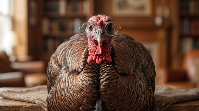 Turkey wearing round glasses in a cozy home library, a witty concept for intellectual humor, bookish Thanksgiving content, and educational marketing
