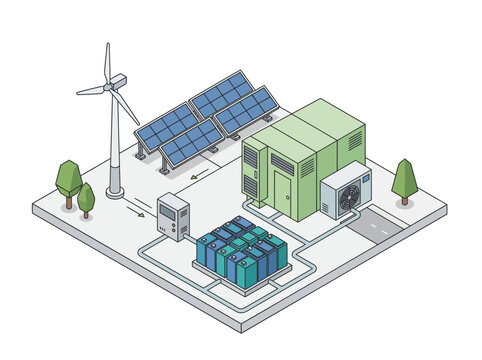 Isometric vector illustration featuring a renewable energy microgrid system with solar panels, wind turbine, and battery storage units.