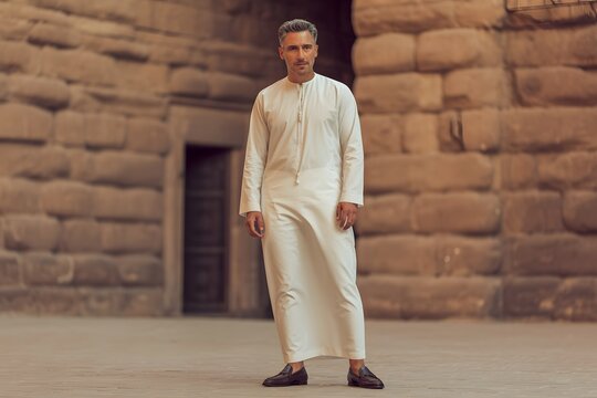 Man in white traditional robe standing against brick wall