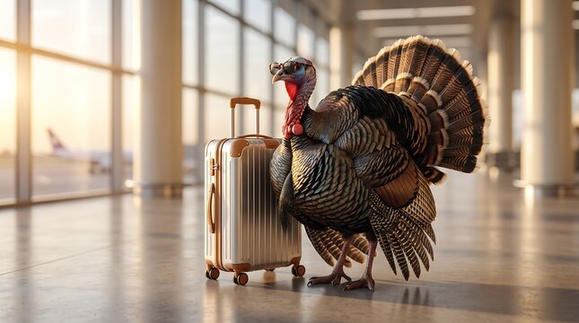 Turkey wearing sunglasses standing beside a travel suitcase in an airport hallway, a stylish concept for vacation advertising and Thanksgiving travel humor