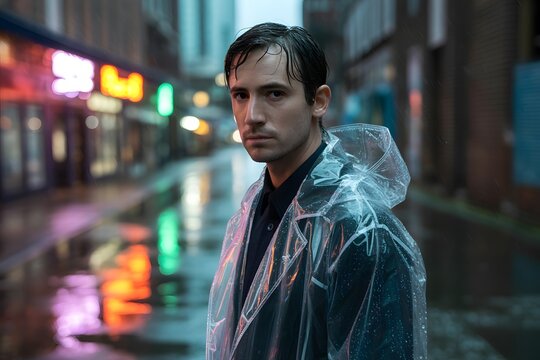 Man in green jacket standing on city street at night