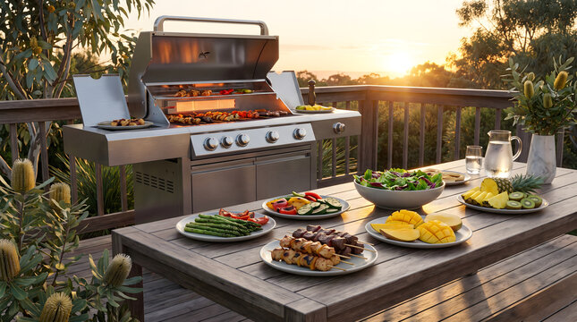 A wonderful celebration setup with an australia day bbq on a sunny deck featuring fresh food and skewers