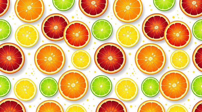 Seamless pattern of fresh sliced citrus fruits on white background