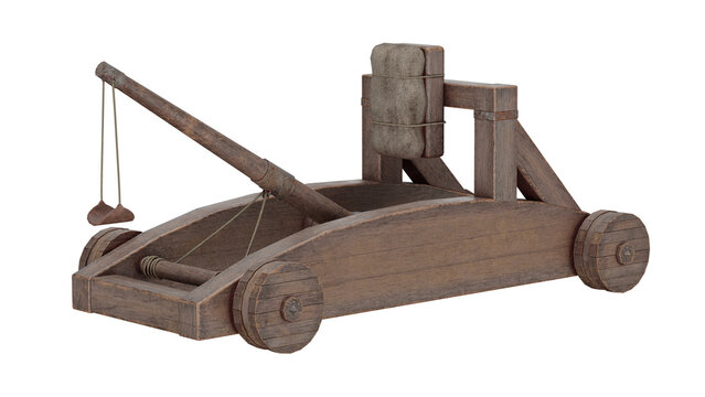 3d rendering historic wooden catapult model on display