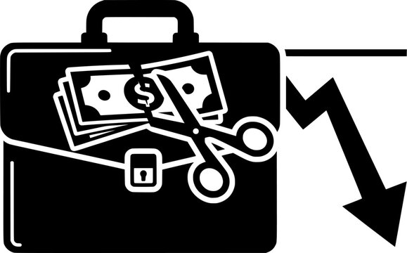 Vector illustration set of financial loss and budget reduction concepts featuring a briefcase with scissors cutting dollar banknotes and a falling market chart arrow, isolated on a white background.