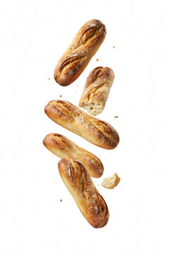 Artistic falling baguette loaf elements.