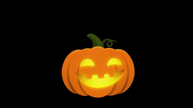 Halloween animated pumpkin pops into view and lights up with a warm, flickering candle flame. Transparent background with alpha channel