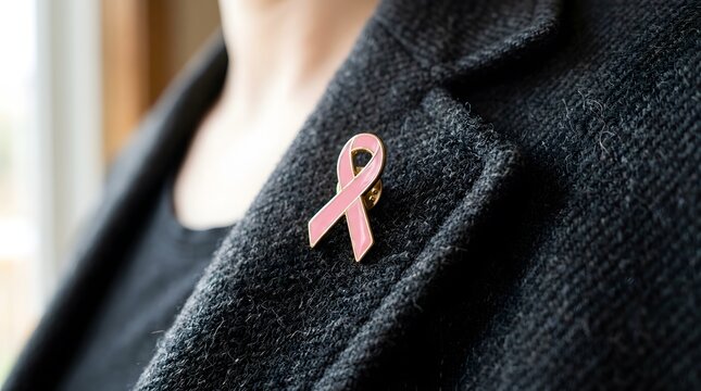 Professional woman wearing a pink breast cancer awareness ribbon pin on a dark grey wool blazer perfect for breast cancer awareness day