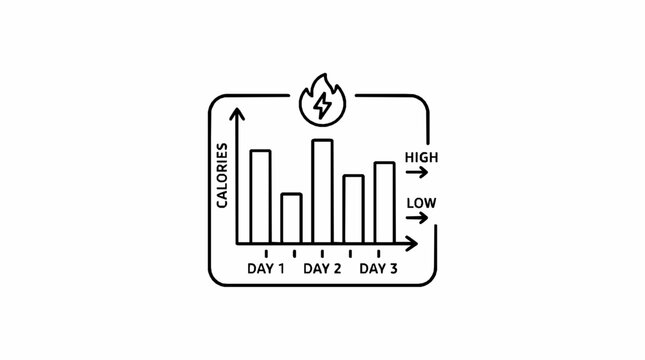 A line art icon illustrating a bar chart showing fluctuating calorie intake over three days with measuring caloric intake