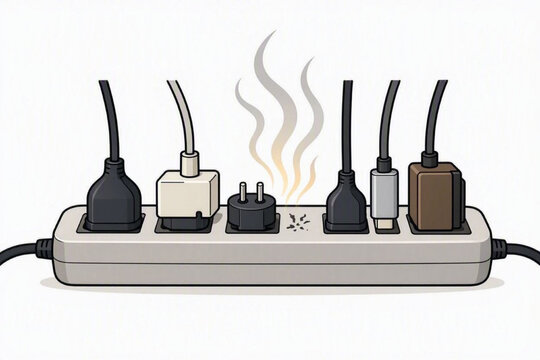 An illustration of an overloaded electrical power strip showing signs of overheating smoke and a potential short circuit hazard in a domestic setting