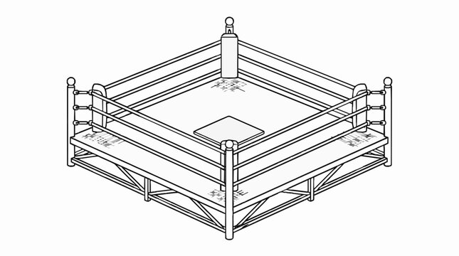 A black and white line art illustration of a professional square sports fighting ring platform with corner posts depicted