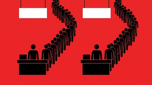 Minimalist long queue illustration, black stick figures waiting in line at service counters, red background with crowd silhouettes and blank signage