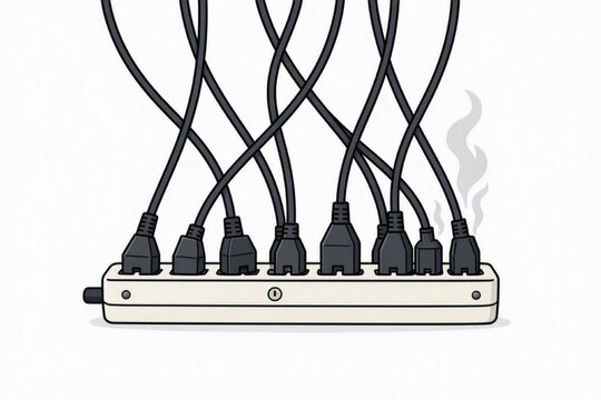 Overloaded electrical extension cord power strip with multiple cables and smoke signifying an electrical fire hazard and safety risk