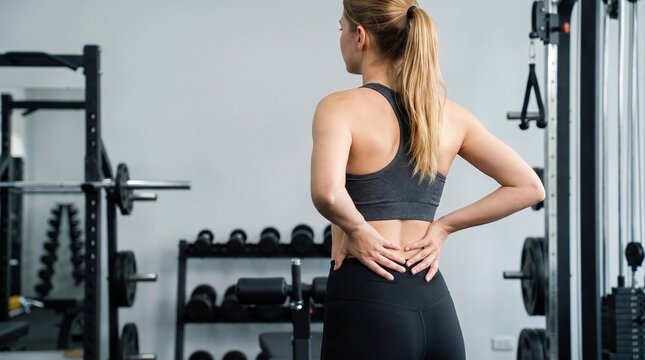 A female athlete feeling sharp lower back pain after performing a strenuous workout session inside a professional fitness training center