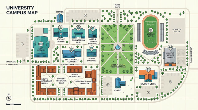 Illustrated university campus map with building and area labels