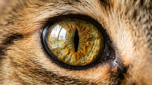 Extreme close up of a domestic cat eye with a vertical pupil and detailed golden brown iris texture perfect for global cat day