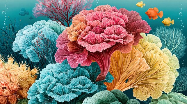 Serene Marine Tableau With Fish Coral Flowers With Muted Pastel Tones