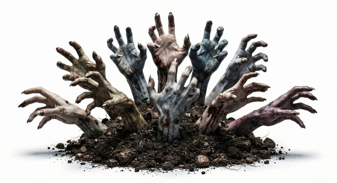 Zombie hands rising from earth, reaching for life