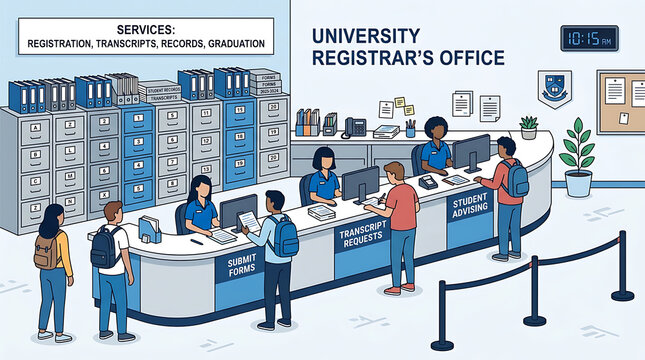 Students queueing for services at a busy university registrar office counter