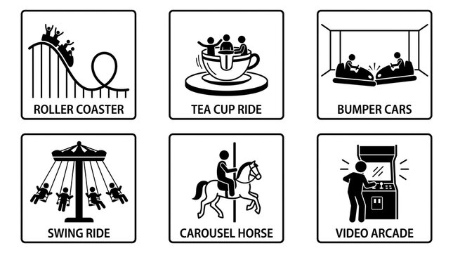 Amusement park icon set with 6 black and white symbols, fairground attractions including roller coaster and carousel horse, theme park signage