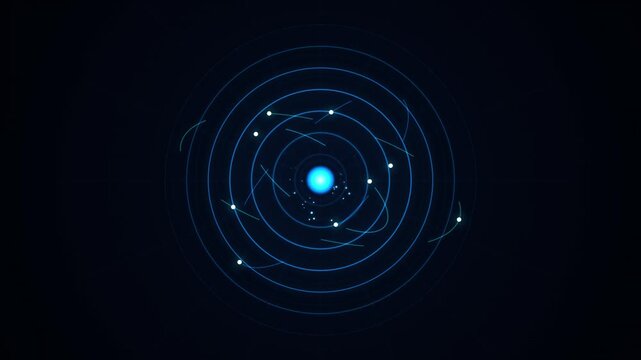Abstract digital representation of an atom with glowing nucleus and orbiting electrons