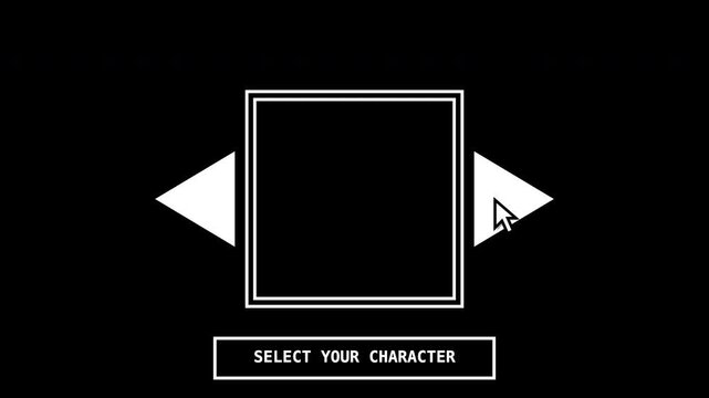 Retro pixel art character selection screen, vintage video game interface with select your character text, nostalgic 8-bit gaming menu animation isolated on Transparent Background