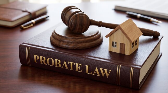Probate law book with judge gavel and wooden house model, real estate inheritance and property litigation concept, legal services for estate planning