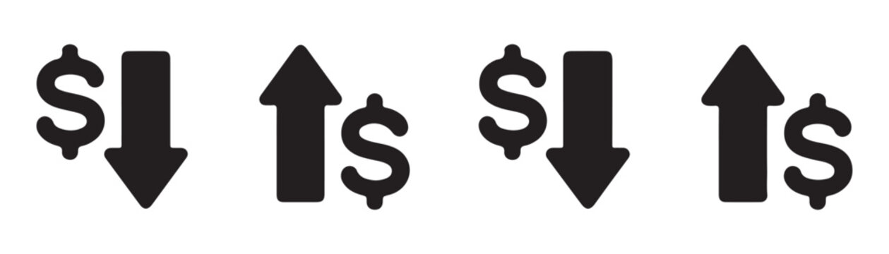Dollar currency symbol with up and down arrow icons for financial market trends and business data reports.