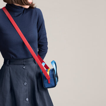 Navy Fashion Outfit With Red Strap Bag