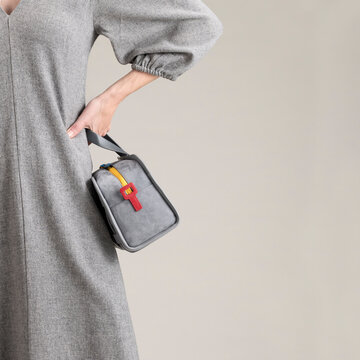 Gray Dress With Handbag And Puff Sleeve