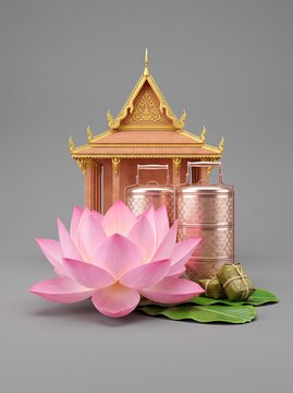 Pchum Ben Day Cambodian Festival 3D Render with Lotus and Pagoda