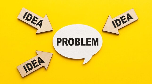 Problem solving concept with wooden arrows pointing to speech bubble, creative idea generation for business solutions, yellow background