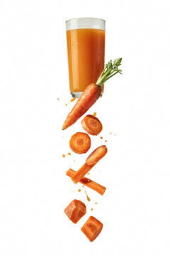 Carrot juice splash from glass and carrots.