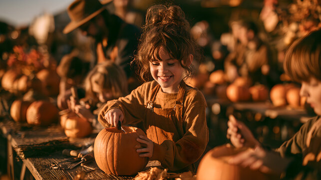 Happy children carving pumpkins together at an outdoor autumn harvest festival