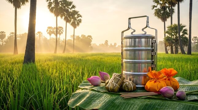 Pchum Ben Day Offerings of Num Ansom, Lotus, and Chansrak Tiffin in Sunrise Rice Paddy