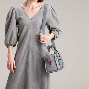 Grey V-Neck Dress With Leather Handbag