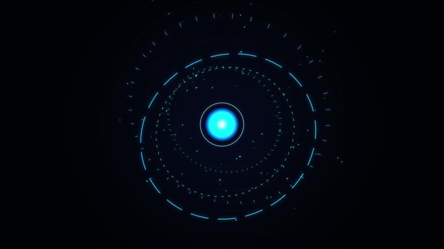 Abstract digital atom model with glowing blue nucleus and orbital rings
