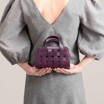 Gray Dress With Purple Woven Handbag