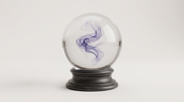 Mystical crystal ball with purple smoke swirl, magical glass sphere on black pedestal, occult fortune telling object for divination and future prediction