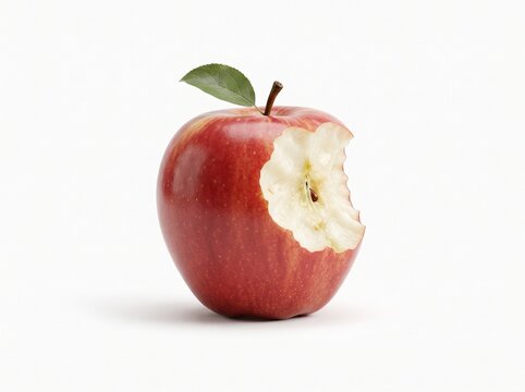 Fresh red apple with a bite mark and a green leaf, isolated on a white background.