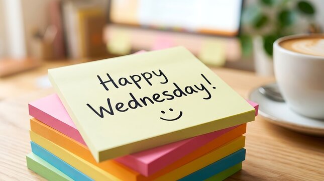 Happy Wednesday note paper on colorful sticky notes stack near coffee mug on wooden desk