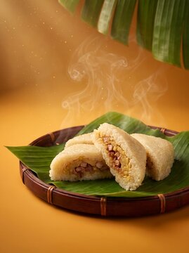 Steaming Cambodian Num Ansorm Chrouk Sticky Rice Cake for Pchum Ben Day