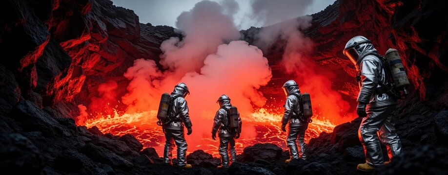 Scientists in protective suits explore active volcano caldera near lava flow. Geologists study molten magma and volcanic gases, gather data for energy research.