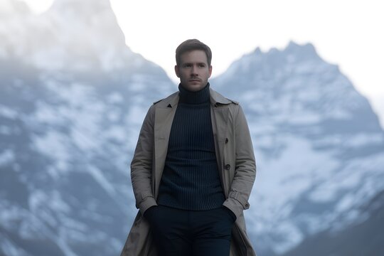 Man standing confidently in front of icy mountains