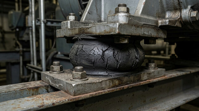 Cracked rubber vibration isolator mount on industrial machinery