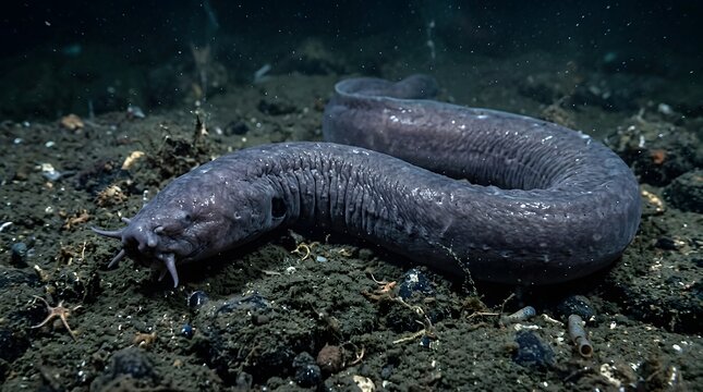 Hagfish swimming over the dark sandy ocean floor in deep sea habitat perfect for hagfish day