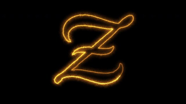 Animated letter Z glowing in yellow light with embers on black background.