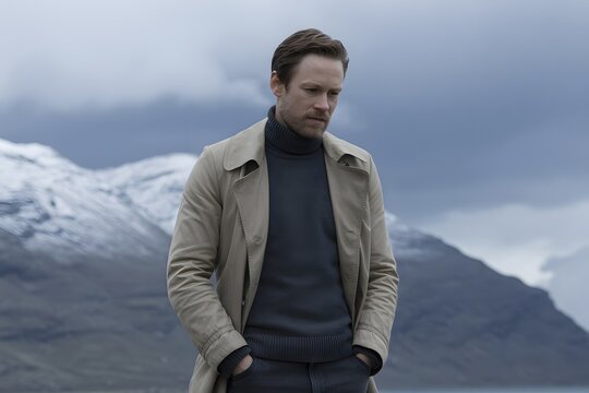 Serious man standing on snowy mountain peak