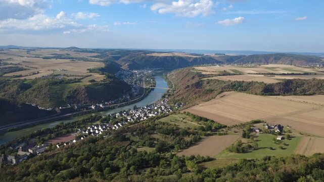 Moselle River Valley Between Niederfell and Kobern-Gondorf in Summer in Germany, aerial view