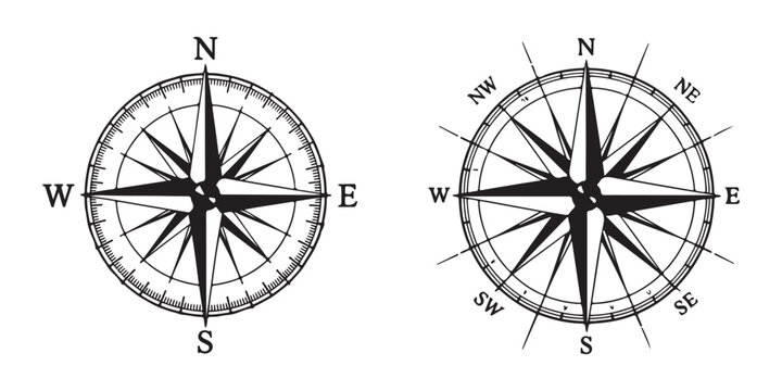Compass rose icons showing cardinal and intermediate directions for navigation and travel.
